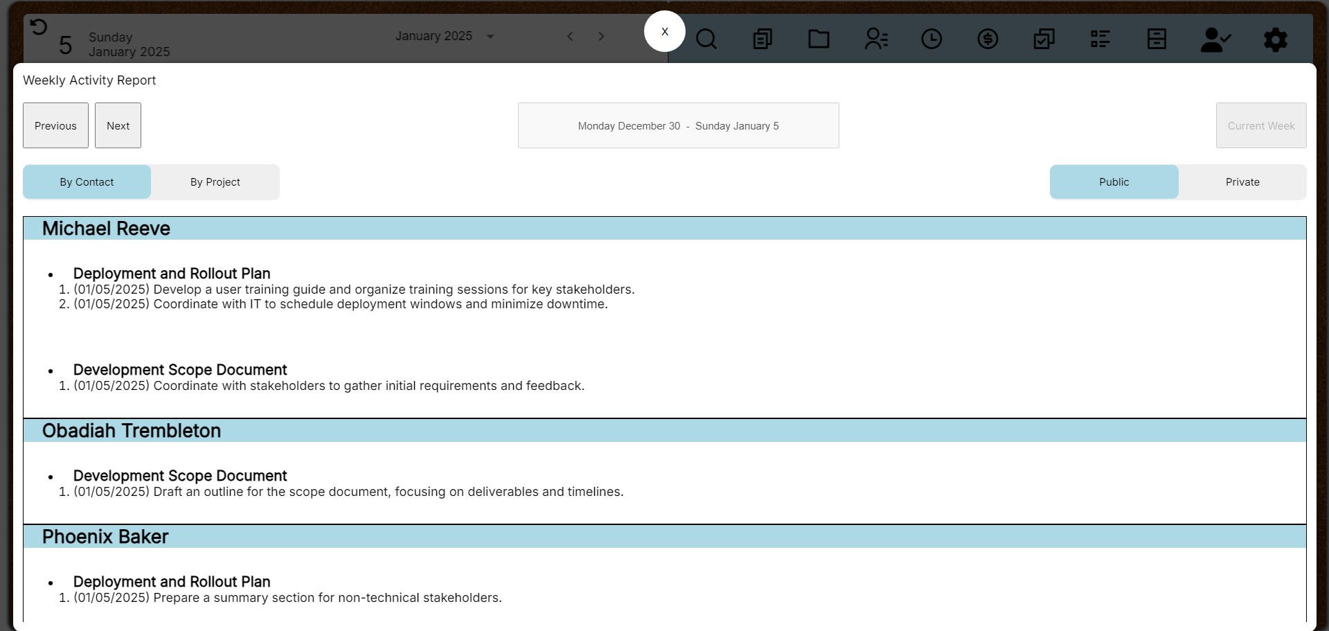 activity report screen